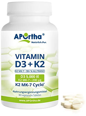 APOrtha Vitamin D3 5.000 I.E + 200 µg K2 99+% ALL-Trans, 365 vegetarische Tabletten hochdosiert u. teilbar, Premium Vitamin D und K Tablette leicht zu schlucken - Alternative zu Tropfen und Kapseln