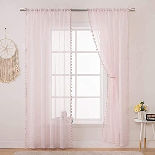 MIULEE Pom Poms-Pink Sheer Voile Curtains 2 Panels W55 x D57in Rod Pocket | Soft sheer voile curtains decorated with cute pom pom trim, rod pocket design, perfect for living room, kids room