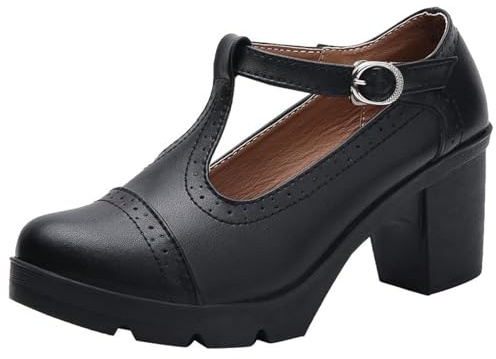 PPXID Women's T-Strap Mary Jane Pumps Dress Oxfords Mid Block Heel Platform Court Shoes Black 4.5 UK