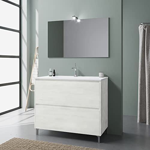 Kiamami Valentina - Mobile Bagno a Terra 100 cm | Doppio Cassetto con Estrazione Totale | Lavabo in Ceramica | Specchio Incluso | Chiusura Ammortizzata | Finitura Bianca, 100 cm, Bianco, ABS