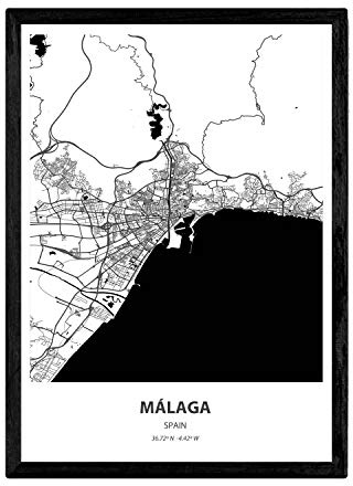 Nacnic affisch med karta över Malaga - Spanien. Bilder på städer i Spanien med hav och floder i svart. A3 storlek med ram