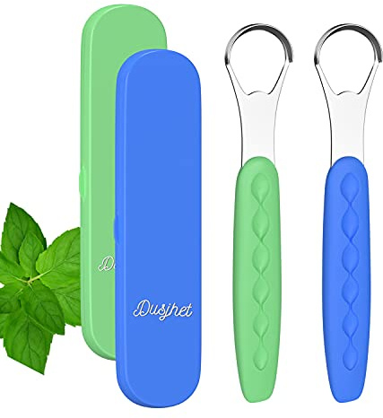 Tongue Scraper Cleaner for Adults & Kids Pack, Medical Grade Stainless Steel Tongue Brush Set, Oral Self Care for Bad Breath, Tongue Scraping with Travel Case (2pcs)