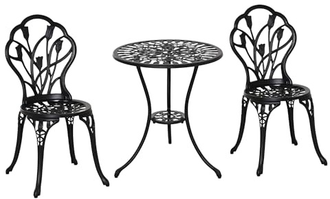 Outsunny Ensemble Salon de Jardin 2 Places 2 chaises + Table Ronde Fonte d'aluminium Imitation Fer forgé Noir