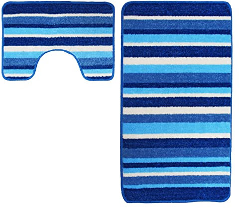La Maison Bathroom Rug Set 2 Piece Stripe Ombre Gradient Non Slip Bath Mat and Pedestal Mat Set Quick Dry Shower Bath Super Soft Toilet Mat Set (Blue)