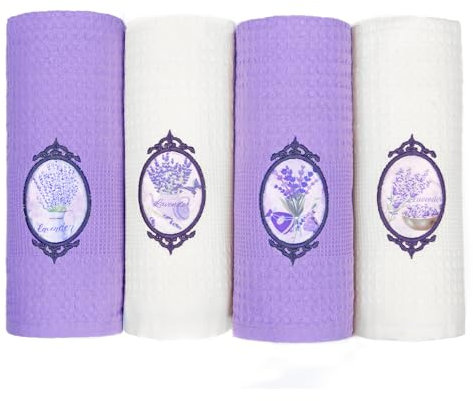 Lavien Home, Toallas de mano decorativas de lavanda para cocina, elegantes paños de cocina, regalo de inauguración de la casa, tejido de gofre de algodón turco (juego de 4), paños de cocina multiusos,