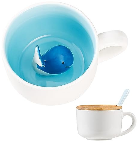 BigNoseDeer 3D Ceramic Whale Mug, Kawaii Blue Whale Coffee Mug with Lid and Spoon, Tea Cup, Cute Birthday Gift, 400ml