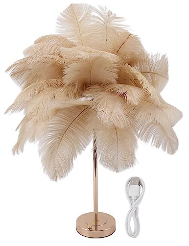 Lampada con piume, lampada da tavolo con piume, lampada da tavolo decorativa, 30 piume, luce ricaricabile USB, luce da scrivania con controllo touch, batteria integrata (marrone chiaro)
