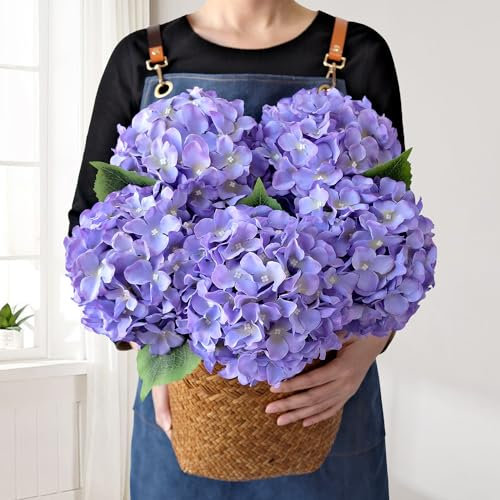 JINWOE 5 st puple konstgjorda hortensiablommor, 50 cm stora verklighetstrogna falska hortensior med stjälkar bukett för hembord, bordsuppsatser, bröllop, baby shower, trädgård, festdekoration