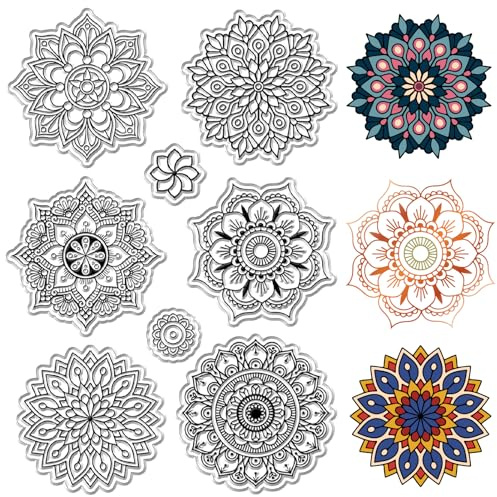 CRASPIRE Mandala Floreale Timbri in Gomma Trasparenti Fiori Riutilizzabili Boho Yoga Sigilli per Timbri in Silicone Trasparenti Vintage per La Creazione di Carte di Journaling Decor