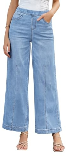 Roskiky Jean Femme Taille Haute - Pull On Mom Extensible - Pantalon Tendance Ample Années 90 - Couture Avant, Bleu Lac, L