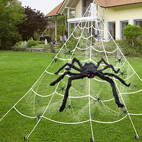 Forhandy Halloween Spinnennetz Deko, 5 x 4.8m Triangle Spinngewebe Dekoration Set 1.5m Riesen Spinne Horror Deko 100g Stretch Spinnennetz mit 40 Kleine Spinnen Halloween Deko Set für Gartendeko