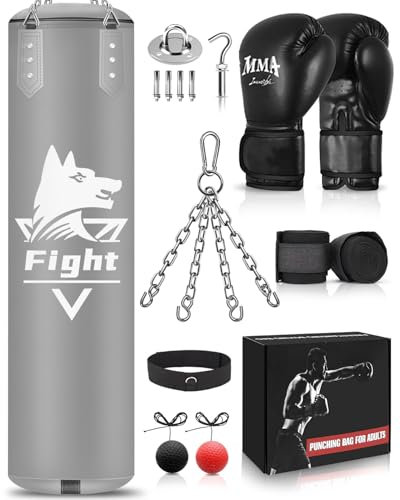 JUOIFIP Boxsack Set, Ungefüllt Boxsack Hängend Erwachsene mit Einer vollständigen Palette von Zubehör, Microfiber Leder schwere Tasche für das Training Kickboxen Fitness MMA Muay Thai Karate 120cm