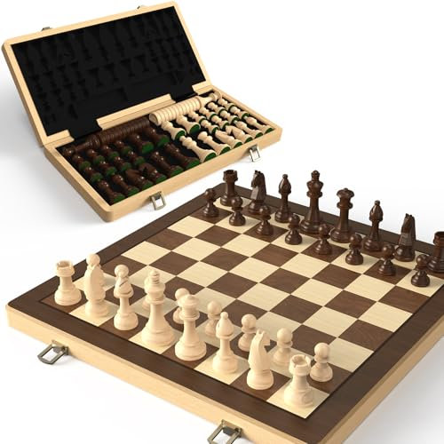 38 cm Holz Klapp-Schach- und Dame-Set, 2-in-1 Brettspiel, 7,6 cm König Staunton Figuren, 2 zusätzliche Damen (Black)