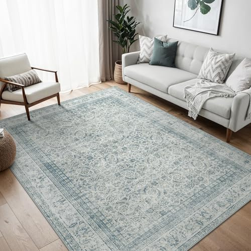 BEIMO Tapis de Salon 150x210CM Oriental - Vintage à Poils Courts Tapis de Chambre Adulte Dessin Antidérapant Bleu Clair