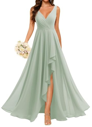 Vestido de dama de honor de princesa con cuello en V, con abertura, vestido de gasa formal, vestido de fiesta de noche, ZM124, Verde Salvia, 40