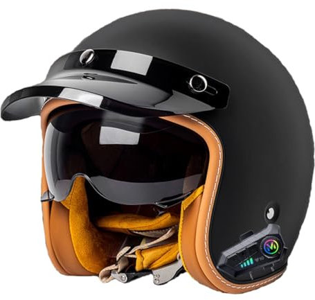 Bluetooth Jethelm Vintage Motorradhelm ECEDOT Zulassungiber Winddichter Motorrad Halbhelm Für Herren Damen Mit Sonnenblende Retro Halbschalenhelm Roller-Helm Scooter-Helm 2,XL:61-62CM