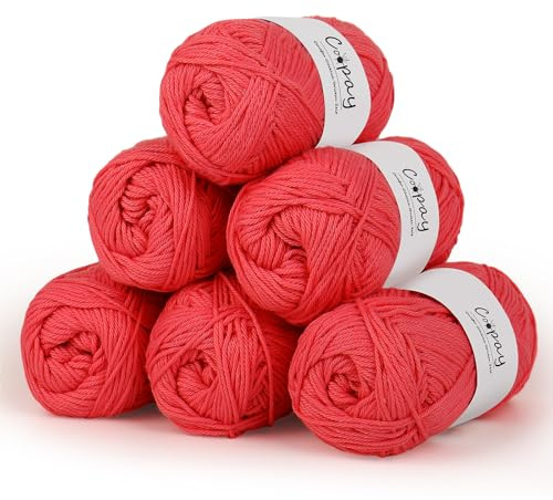 Coopay Wolle zum Häkeln, 100% Baumwolle zum Stricken, 6 x 50g Weiches Häkelgarn Baumwolle zum Häkeln, Babywolle Baumwollgarn für Pullover, Socken, Babydecke - Rot