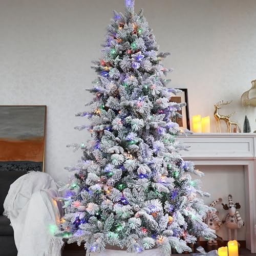 Asinse 5ft/150cm Pre-Lit Christmas Tree, White Snow Flocked Premium Artificial Spruce with 220 Multicolor LED Lights, PE+PVC+Pine Needles, Pine Cones, Hinged Branches, Metal Stand