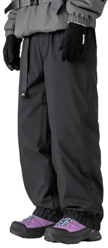 Men's Ski Thermal Pants Waterproof Windproof Baggy Style Elastic Snowboard Pants High Waist Outdoor Warm Pants for Winter, Black/White, XXL
