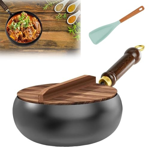 Sartén de hierro japonés con tapa de madera, sartén japonesa de hierro fundido forjado a mano, antiadherente, 24 cm/28 cm/30 cm de diámetro, olla de hierro fundido sin revestimiento, para estufas de