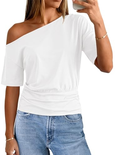 MEROKEETY Women's Off The Shoulder Short Sleeve Tops 2026 Summer Casual Going Out Trendy Y2k T Shirts, White, Medium