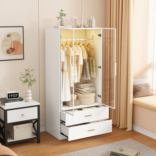 Zorvani Armadio pieghevole con 6 cubi, 1 appendiabiti da appendere, facile da montare, per soggiorno, camera da letto, bianco (bianco+cassetto, grande capacità)