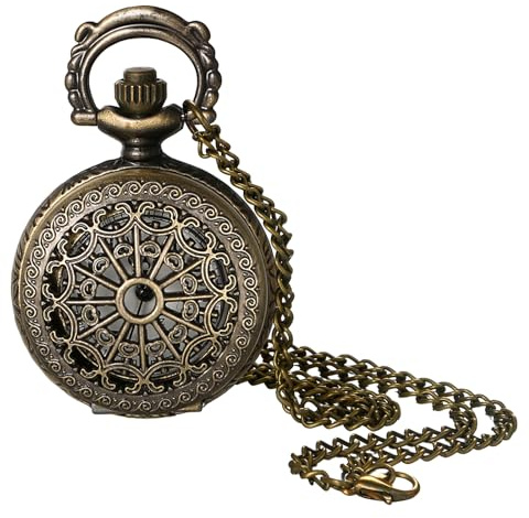 JewelryWe Women's Vintage Pocket Watch - Small Skeleton Hollow Pendant Necklace Quartz Analog Fob Watches with 30.7 Inch Chain