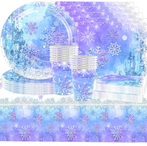 61 Piece Winter Blue Snowflake Party Tableware，SANYUANHE Snowflake Decorations，Frozen Table Birthday Party Supplies，Including Paper Plates Paper Cups Napkins Tablecloth for 20 Guests