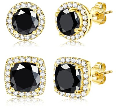Dochais Cubic Zirconia Studs Earrings for Women Men Hypoallergenic | Mens Earrings Diamond Diamante 925 Sterling Silver Earring Stud Large Round Square Brilliant 14K Gold Plated Earring 2 Pairs