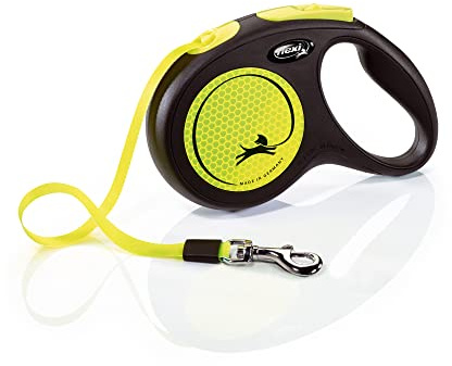FLEXI New Neon Tape Retractable Dog Leashes for Medium Dogs Upto 55 lbs. – 16 ft., Neon Yellow/Black | Tangle Free Pet Walking Leash with One-Handed Brake, Pause, Lock|German Quality Product