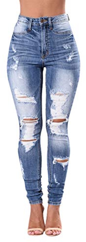 Onsoyours Pantalones Jeans Rotos Vaqueros Push Up Vaqueros Elásticos Pantalones de Cintura Alta Straight Denim Pants Sexy Pantalones Lápiz Pantalones Slim Fit B Azul XXL