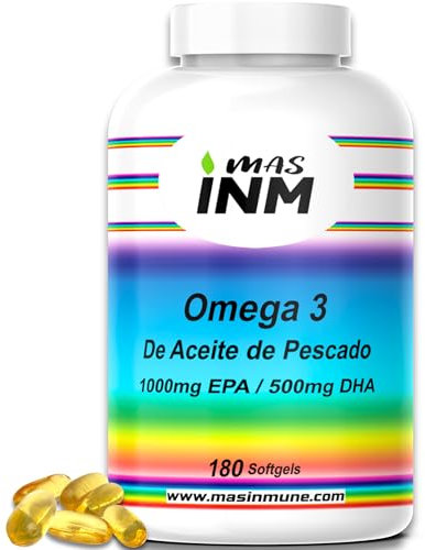 Omega 3 2000 mg de Aceite de Pescado Concentrado - 1000 mg EPA + 500 mg DHA - 180 Cápsulas - Ácidos Grasos + Vitamina E – Fish Oil - Salud del Corazón, Vista y Cerebro - Masinmune