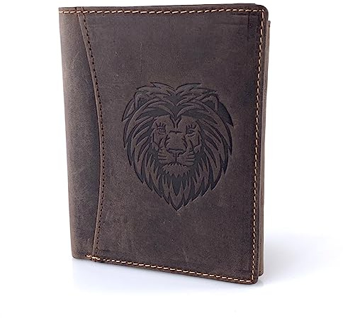 BUFFALO HILL Geldbörse I Löwe Motiv I Büffelleder Portmonee I Echtleder Geldbeutel I Hochformat Portemonnaie Herren I RFID-Schutz Ledergeldbörse mit Münzfach I 11 Kartenfächer I 2395 Dunkelbraun