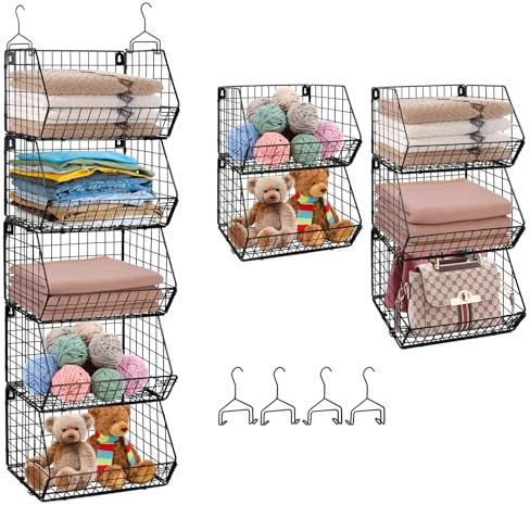 ZPONEED 5-Regal Schwarz Metall Hängeregal, Schrank Organizer Kleiderschrank, Hängeorganizer, Wandbefestigung Bodenbefestigung Hängeaufbewahrung, Faltbar Stapelbare Kleiderschrank mit 4 Haken