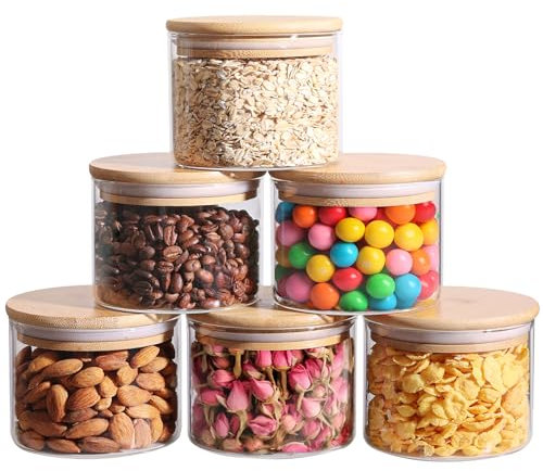 ComSaf 450ml Vorratsgläser mit Deckel 6er Set, Vorratsdosen Glas mit Deckel Luftdicht, Aufbewahrungsgläser, Vorratsglas mit Holzdeckel, Glasbehälter