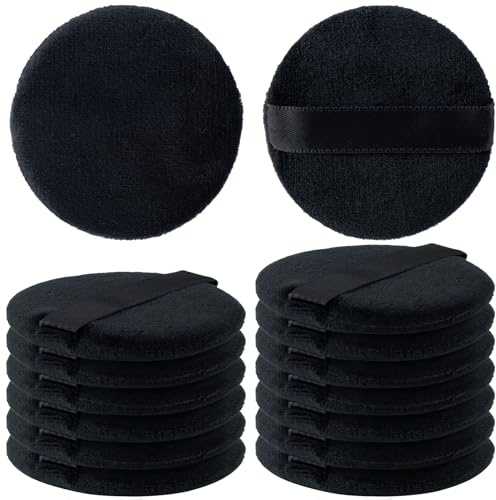 HINZIC 13 Pack 60mm Round Powder Puffs for Foundation Makeup Applicators, Soft Cotton Skin-Friendly Face Powder Sponge Velour Velet Puffs Pads for Cream Cosmetics- Black