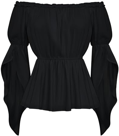 Camisa Tradicional renacentista para Mujer con Hombros Descubiertos y Manga de Loto, Color Negro S
