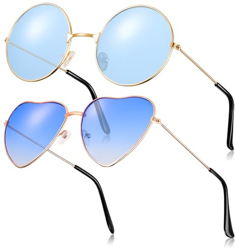 Fiada 2 Paires Lunettes de Soleil Hippies Rétro Vintage - Rondes et Forme de Cœur pour Déguisement Costume Hommes Femmes (Bleu)