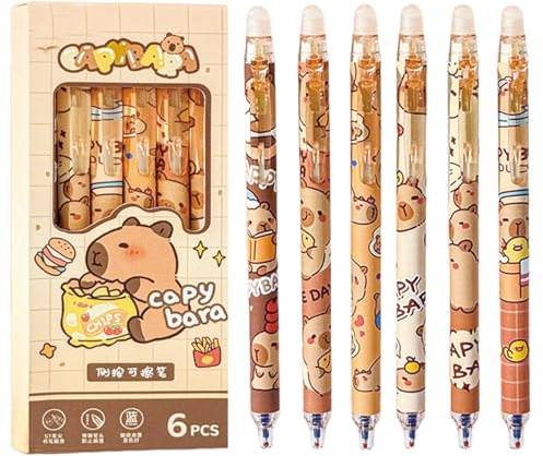 MOZXIRZ Lot de 6 stylos à encre gel effaçables et rétractables mignons - Design de capybara dessin animé, pointe fine de 0,5 mm, encre bleue - Fournitures de bureau et scolaires pour femmes, filles