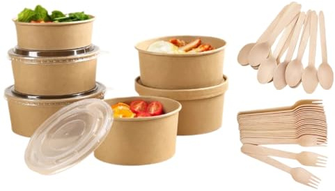 HOT BARGAINS 100 X 18oz Disposable Salad Bowls with Lids + 100 X Forks + 100 X Spoons Wooden Takeaway Eco Friendly (18oz / 500ml)
