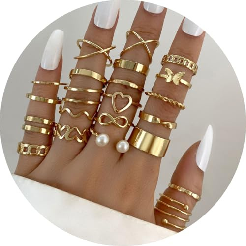 VEOIRXU 22 Piezas Vintage Nudillos Anillos Set,Ajustables Anillos Apilables Bohemio Vintage,para Mujer Niña Oro