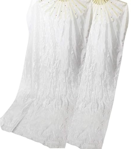 SCDZCAR 1 Pair 1.8m Belly Dancing Artificial Silk Fans Chinese Handmade Bamboo Veils Long Fans Worship Praise Flag Streamer (White)