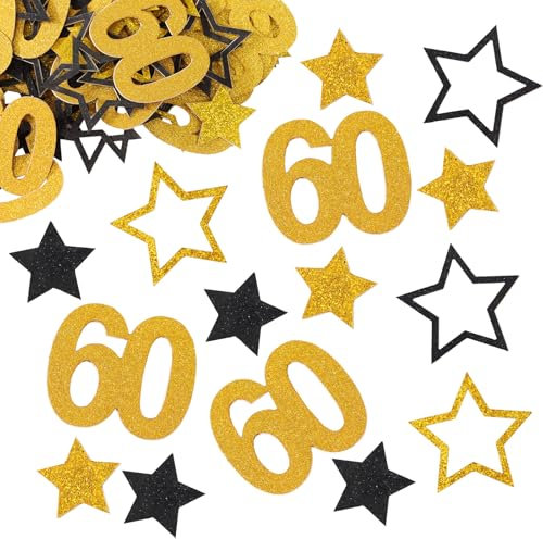 BETESSIN 100Pcs Confettis Table Anniversaire 60 Ans Or Noir Pailletés en Papier Motif Nombre 60 et Étoiles Décoration Table Anniversaire 60 Ans Hommes Femmes