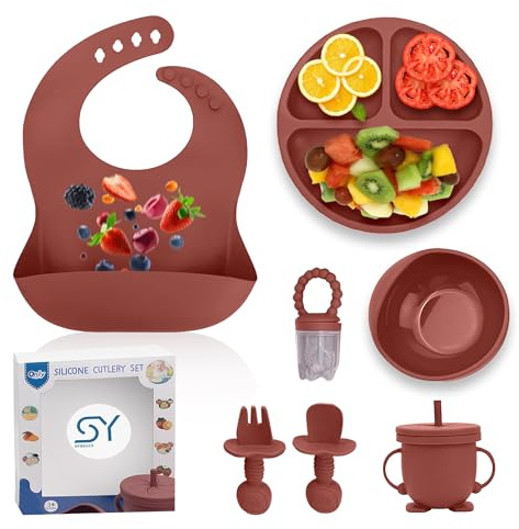 SPRIGLY 11-Piece Silicone Baby Weaning & Feeding Set – BPA-Free Suction Plate, Bowl, Bib, Sippy Cup, Fork, Spoon, Fruit Feeder & Snack Cup – Self-Feeding Set for Toddlers – Russet Brown