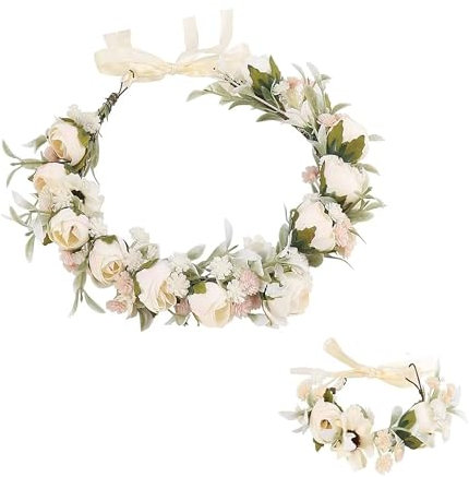 Fleur Bandeau Guirlande,Couronne Fleur Cheveux,Coiffe de Guirlande et Ensemble de Bracelet,Fleur Bandeau avec Ruban, Couronne de fleurs Magnifiquement Travaillée (B, 16cm)