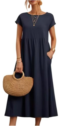 Robe d'été pour Femme Manches Courtes Unie Robe décontractée Longueur Genou Robe midi avec Poches Longue Femme Ete Plage Manches Courtes Casual élégante Maxi Swing Taille Haute