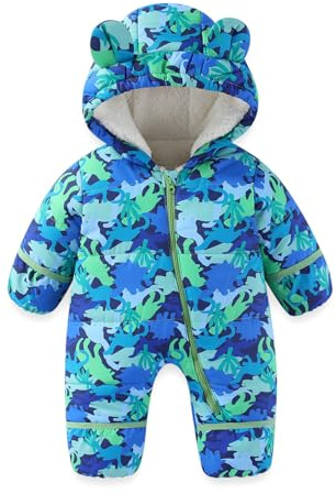 JiAmy Baby Toddler Snowsuit Winter Romper Suit, Baby Boys Girls Bear Hooded Footed Romper Snow suits Cartoon Zipper Jumpsuit Winter Outfits Clothes Green 9-12 Months