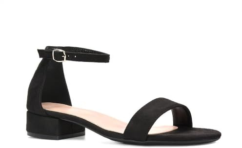 ESSEX GLAM Women's Low Heel Flat Sandals Ladies Ankle Strap Block Chunky Heel Black Faux Suede Comfy Open Toe Shoes Size 8
