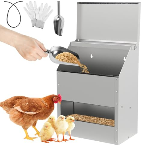 Monucep Comedero automático para gallinas, 11,5 kg, acero galvanizado con tapa, soporte de pared, accesorios, comedero para aves de corral, pollos y patos