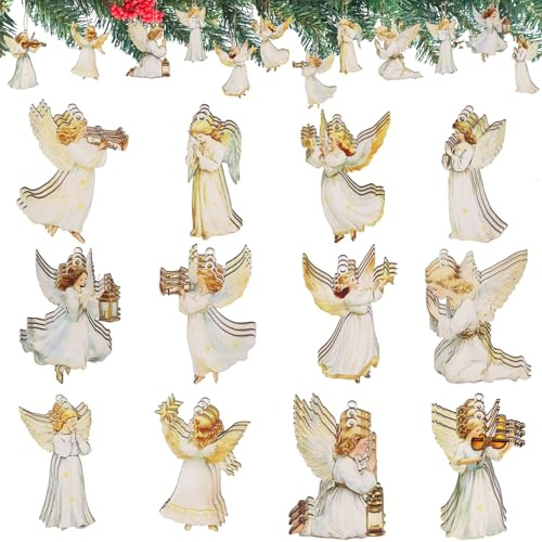 Lot de 36 pendentifs en forme d'ange de Noël - En bois - Petits anges avec ficelle - Décoration de sapin de Noël - Figurines de décoration de sapin de Noël - Porte-bonheur